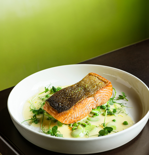 Pan-seared salmon fillet in a white bowl with creamy sauce, peas, and fresh microgreens.